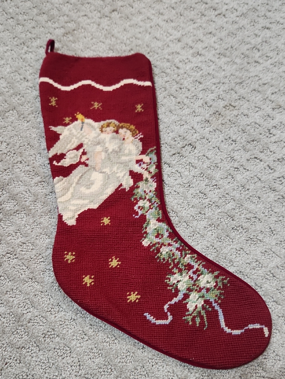 Needlepoint Embroidered Angel Christmas Stocking - Burgundy, Cream & Gold